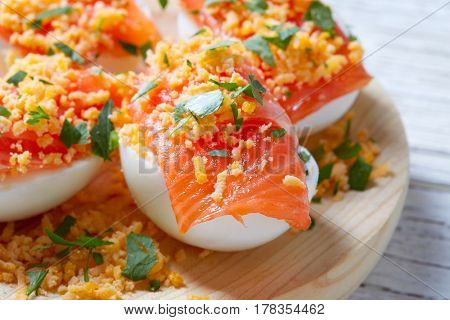 Filled eggs with salmon pinchos tapas from Spain recipes pintxos