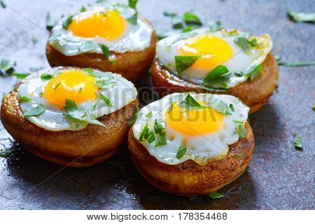 Tapas mushrooms with quail eggs from Spain pinchos pintxos