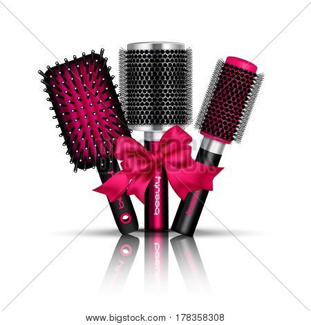 Realistic hair brush composition with three hairbrushes for styling tied a red ribbon vector illustration