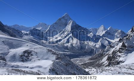 Mount Ama Dablam the day after snowfall. Famous mountain in the Mount Everest National Park Nepal.