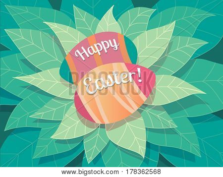 Happy Easter greeting card. Two beautiful Easter eggs that lie in leaves.