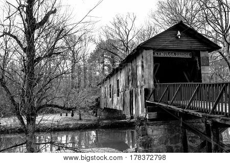 Childersburg Alabama USA - March 25 2017: The Kymulga Covered Bridge is one of only two covered bridges surviving the Civil War iin eastern Alabama.