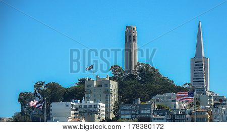 San Francisco Skyline with old glory flying high