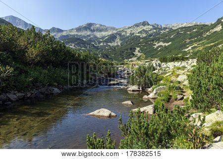 Panoramic view of Banderishki Chukar Peak and mountain river, Pirin Mountain, Bulgaria