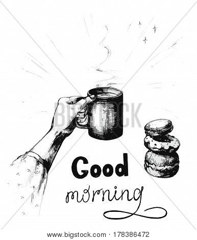 Vector illustration of a sketch on the theme of breakfast, lunch. Done by hand in black and white. Isolated on white background