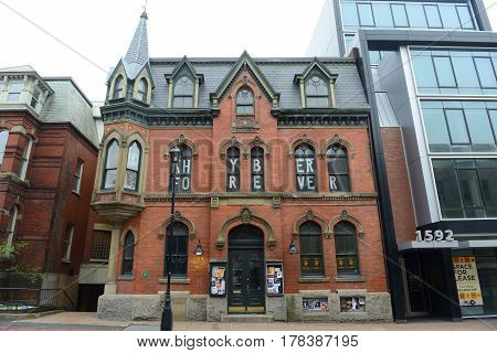 HALIFAX, NS, CANADA - MAY 22, 2016: Building of Khyber Centre for the Arts at 1588 Barrington Street in downtown Halifax, Nova Scotia, Canada.