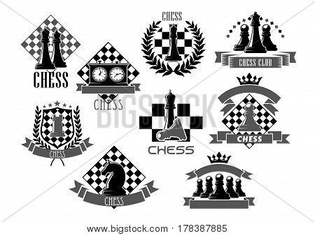 Chess club icons for chessplayer game contest or competition with chessman pieces on checkered shield. Vector symbols of king or queen and knight bishop, victory goblet cup prize on chessboard