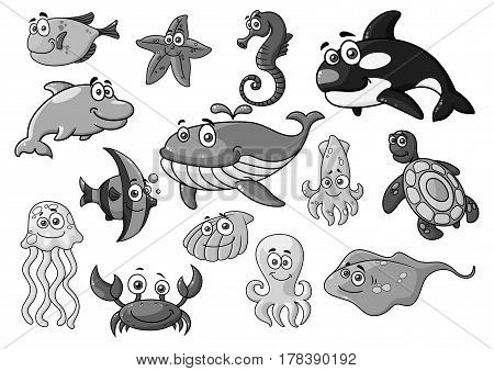 Cartoon sea animals and fishes icons. Orca whale or dolphin, starfish and jellyfish, seahorse and turtle. Underwater sealife stingray and shell, lobster crab or squid and octopus. Vector isolated set