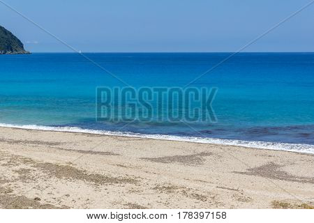 Panoramic view of Girapetra Beach with blue waters, Lefkada, Ionian Islands, Greece