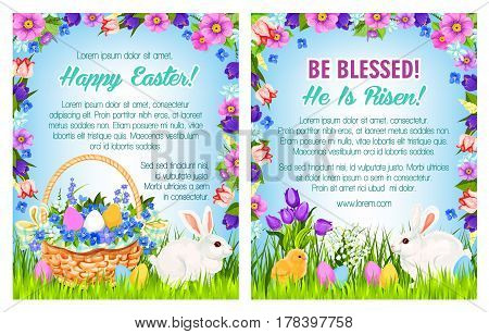 Easter spring holidays cartoon poster template with floral frame and text layout. Easter egg hunt basket with eggs and flowers on green grass with rabbit bunny and chicken, edged by tulip and lily