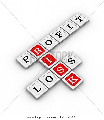Business Risk, Profit and Loss Crossword Puzzle. Risk Management concept. 3D illustration on white background.