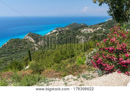 Panoramic landscape with blue waters, Lefkada, Ionian Islands, Greece