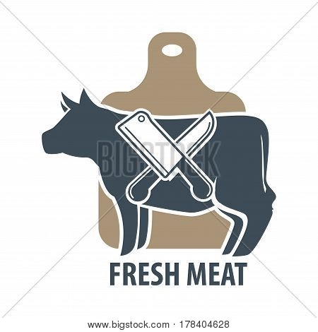 Butcher template logotype sign with cow and two crossed meat knives on cutting desk. Label with sharp elements for chopping beef. Logo for slaughterhouse or butchery animal shop vector illustration