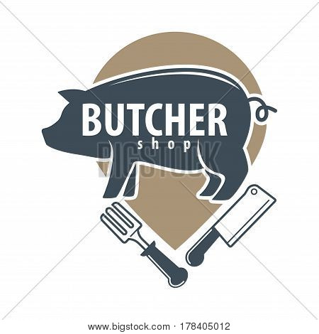 Butcher shop logo emblem with pig and cutlery set isolated on white. Vector flat illustration of fresh organic farm product template sign consisting of pork meat with meat fork and sharp knife.