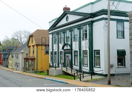 LUNENBURG, NS, CANADA - MAY 22, 2016: Masonic Temple on 120 Pelham Street in town center of Lunenburg, Nova Scotia, Canada. The historic town was designated a UNESCO World Heritage Site since 1995.