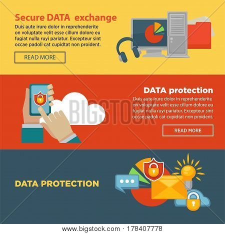 Secure data exchange and protection program Internet page with information. Protect device from undesirable access to personal files. Security app advertising web site vector illustration banners set