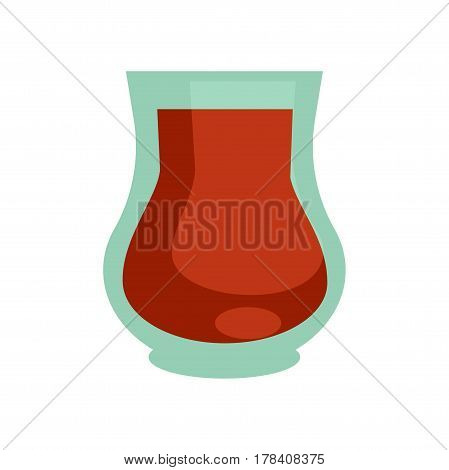 Black tea in turkish cup isolated on white background. Teacup logo bowl of hot or cold strong refreshing drink. Vector illustration in cartoon style flat design of healthy dieting organic beverage