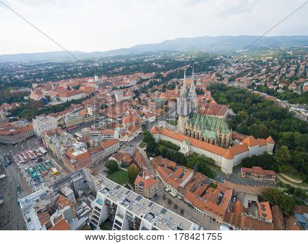 Aerial view at capital town of Croatia, Zagreb city main square, Europe.