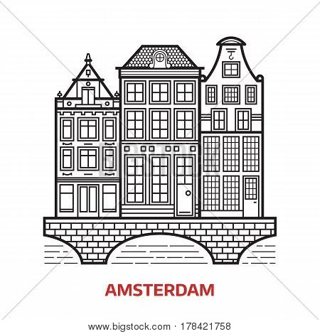 Travel Amsterdam landmark icon. Canal houses is one of the famous architectural symbols and tourist attractions in capital of Netherlands. Thin line Europe Old town home facades vector illustration.