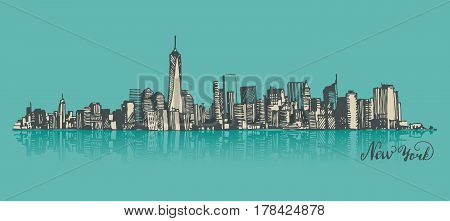 Manhattan New York United States of America, engraved vector illustration, hand drawn, sketch