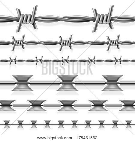 Safety steel barbed and razor wire vector seamless prison borders set. Barrier with steel barbed for security prison, illustration of prison fence