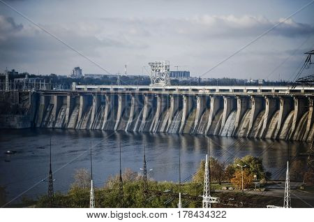 View of the hydroelectric power station on the Dnieper River
