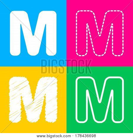 Letter M sign design template element. Four styles of icon on four color squares.