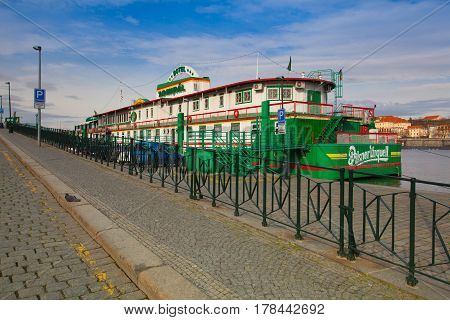 Prague Czech Republic - March 20 2017: Botel Admiral on the Vltava river in Prague.In Admiral Botel is romantic and comfortable accommodation in a central location Prague.