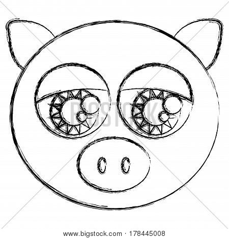 blurred sketch silhouette face cute pig animal with big eyes vector illustration