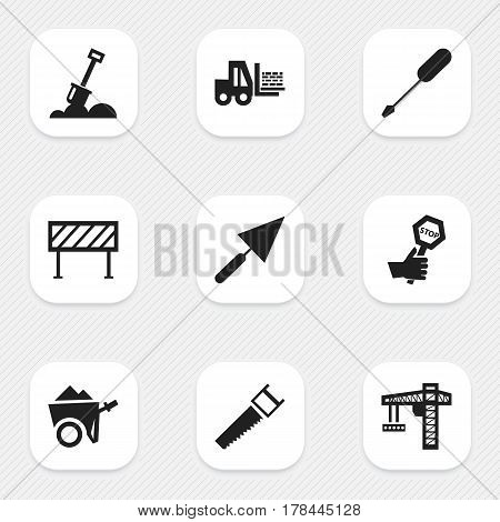Set Of 9 Editable Building Icons. Includes Symbols Such As Endurance, Truck, Hacksaw And More. Can Be Used For Web, Mobile, UI And Infographic Design.