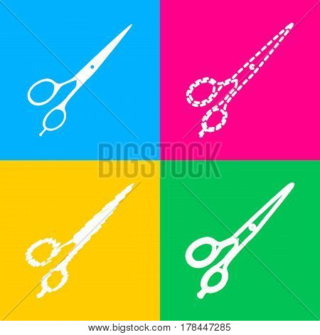 Hair cutting scissors sign. Four styles of icon on four color squares.
