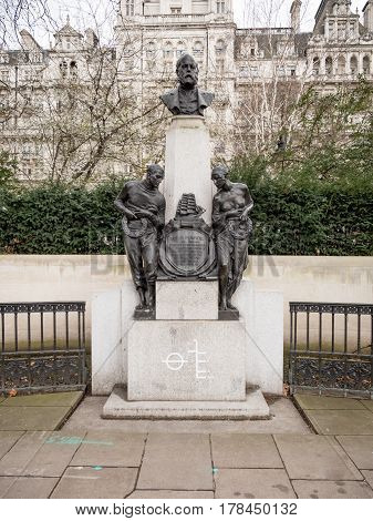 LONDON UK - 8 MARCH 2017: A statue paying tribute to Samuel Plimsoll an English social reformer and politician best remember for having devised the plimsoll line still used as a safety device in shipping.