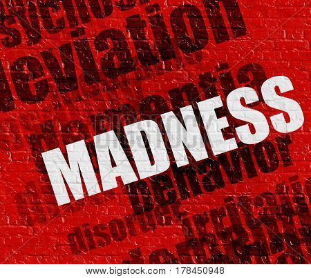 Modern health concept: Red Brick Wall with Madness on the it . Madness - on the Wall with Word Cloud Around .