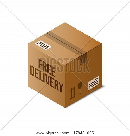Free Delivery icon. Isometric cardboard box sealed with Tape Dispenser. 3D vector warehouse object isolated on white. Shipping packaging concept. Storage items. Brown carton crate. Logistic theme