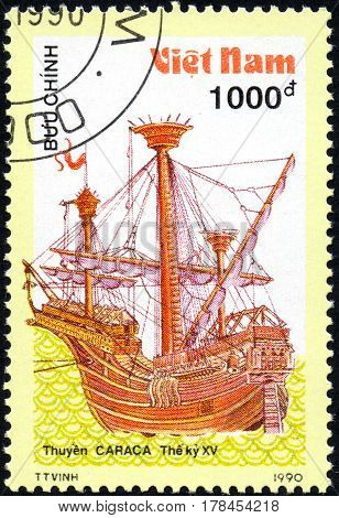 UKRAINE - CIRCA 2017: A postage stamp printed in Vietnam shows old sailing ship Century Carrack series Ancient boats 1000d circa 1990