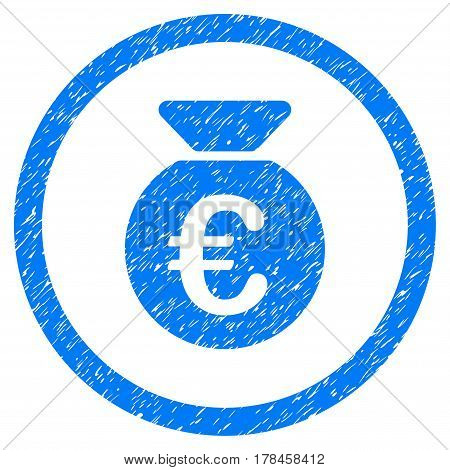 Rounded Euro Money Bag rubber seal stamp watermark. Icon symbol inside circle with grunge design and scratched texture. Unclean vector blue sign.