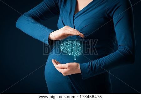 Artificial intelligence (AI) and cyborg born, genetic programming, neural networks concepts. Pregnant woman with cyborg represented by brain in printed circuit board (PCB) design.