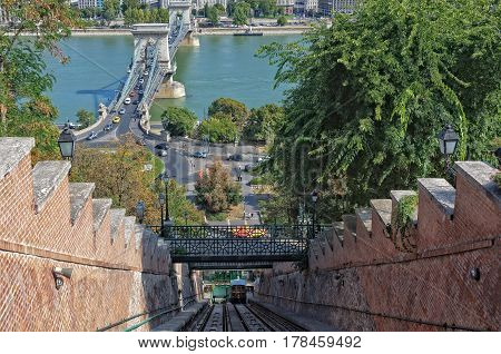 Funicular (Siklo) from the Chain Bridge to the Royal Palace in Budapest, Hungary