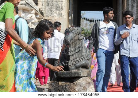 Indian People Brings Offerings To Nandi Bull At Virupaksha Temple