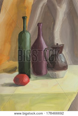 Hand painting still life with jug, bottle, tomato
