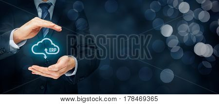 Enterprise resource planning ERP as cloud service concept. Businessman offer ERP business management software as cloud computing service.