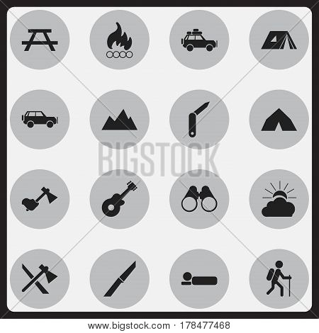 Set Of 16 Editable Trip Icons. Includes Symbols Such As Clasp-Knife, Tepee, Tomahawk And More. Can Be Used For Web, Mobile, UI And Infographic Design.