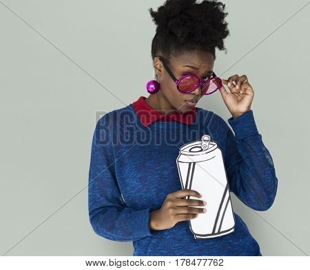 African Woman with Sunglasses Holding a Can Beverage