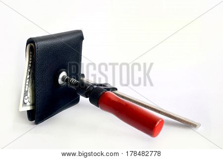 savings empty wallets against the restraints on the white background