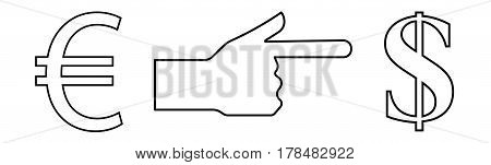 Vector linear icon depicting a hand with an extended index finger showing the way from euro to dollar for an exchange office.