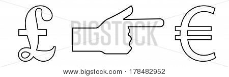 Vector illustration of a hand with an extended index finger showing the way from pound to euro for an exchange office.