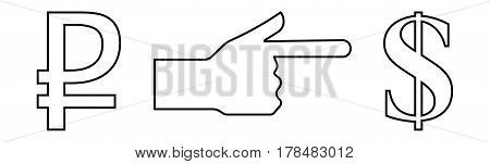 Vector linear icon depicting a hand with an extended index finger showing the way from ruble to dollar for an exchange office.