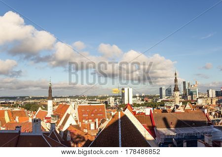 Scenic Summer Beautiful Aerial Skyline Panorama Of The Old Town In Tallinn, Estonia