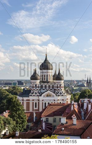 Scenic Summer Beautiful Aerial Skyline Panorama Of The Old Town In Tallinn, Estonia
