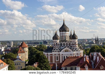 Scenic Summer Beautiful Aerial Skyline Panorama Of The Old Town In Tallinn, Estonia